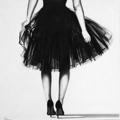"Black Tie" oil painting of a woman wearing a black tulle dress walking away