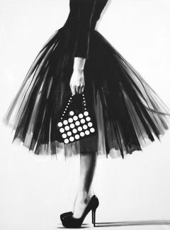 "Emotional Baggage" Black and white painting of a woman wearing a skirt and heel
