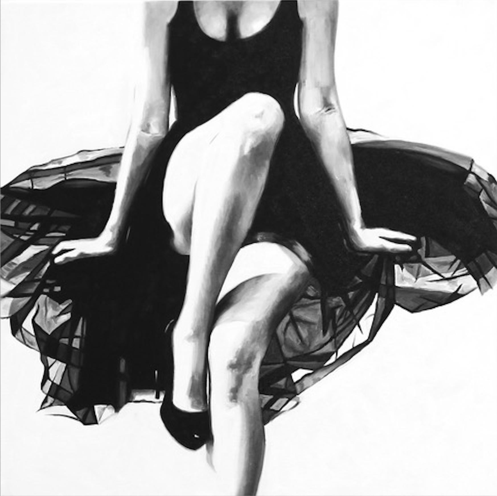 Cindy Press Figurative Painting - "Have You Seen My Date?" Black and white oil painting of woman in tulle, heels