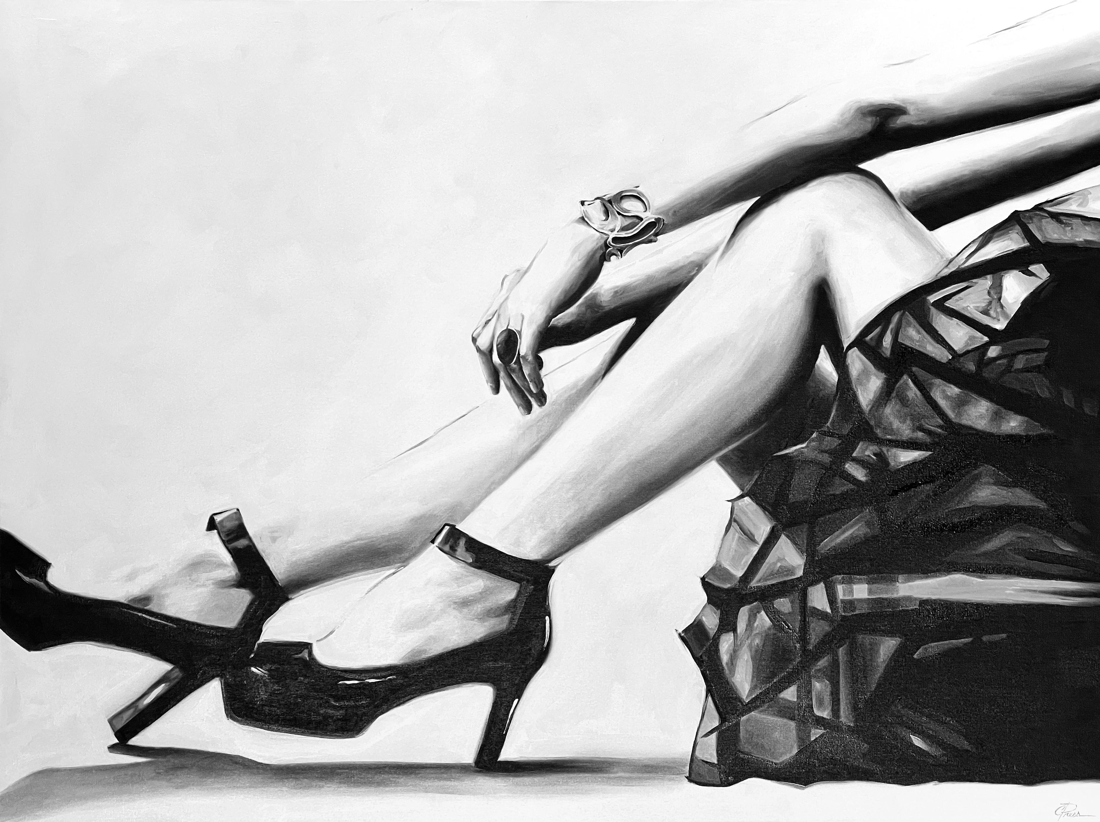 Cindy Press Figurative Painting - "It's Her Party" black and white oil painting of a woman's legs in tulle skirt