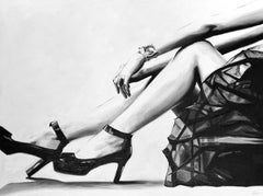 "It's Her Party" black and white oil painting of a woman's legs in tulle skirt