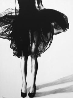 "Let's Make Believe" black and white oil painting of a woman in a dress's legs 
