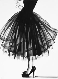 "Little Black Dress" Ölgemälde einer weiblichen Figur in einem schwarzen Kleid und Absätzen