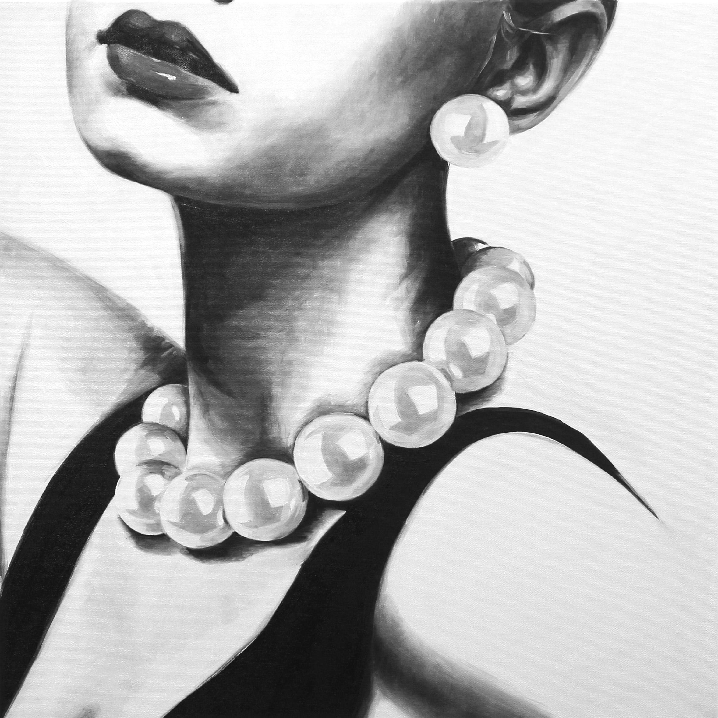 Cindy Press Portrait Painting - "Looking for Love" cropped black and white oil painting of a woman in pearls