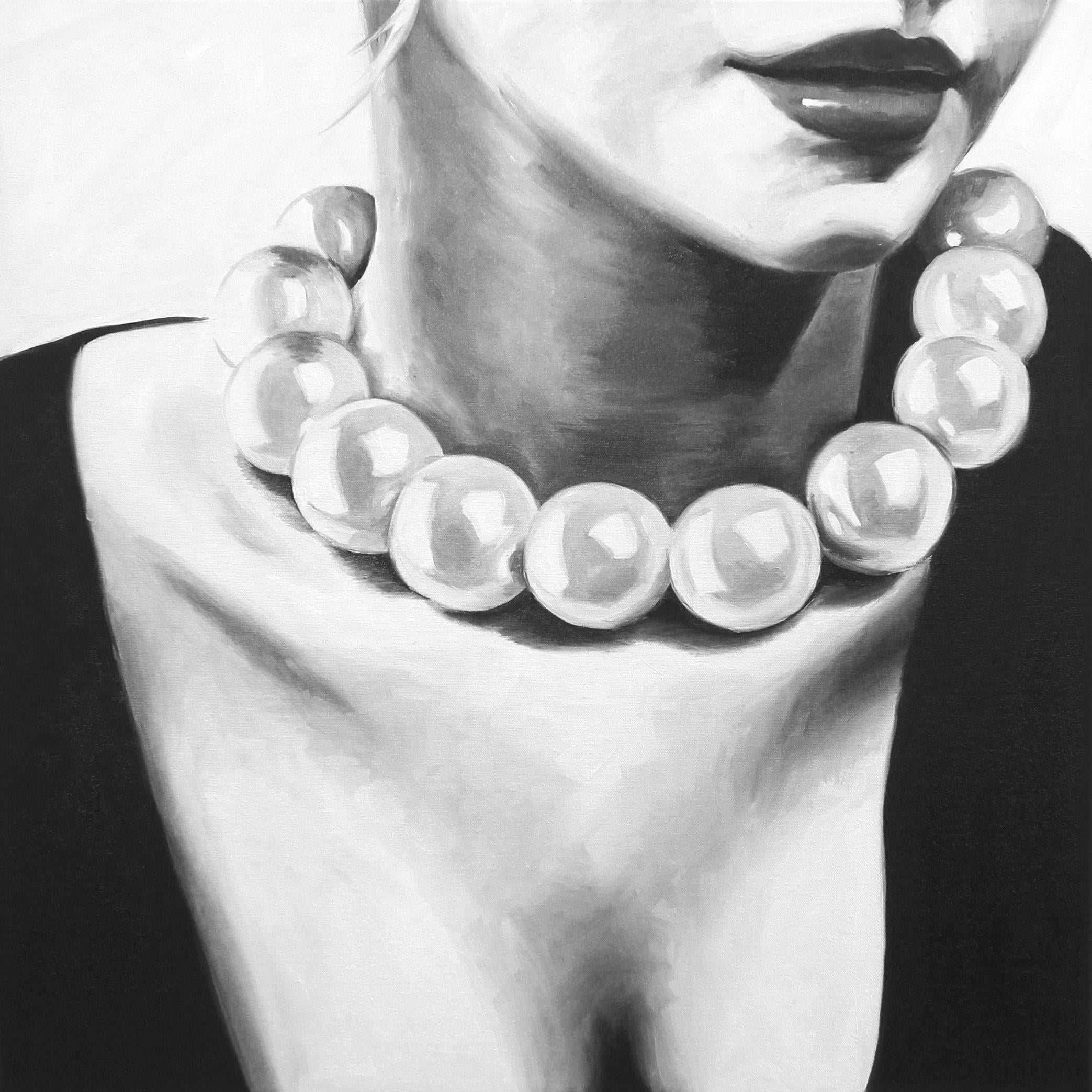 Cindy Press Portrait Painting - "Looking for Money" cropped black and white oil painting of a woman in pearls