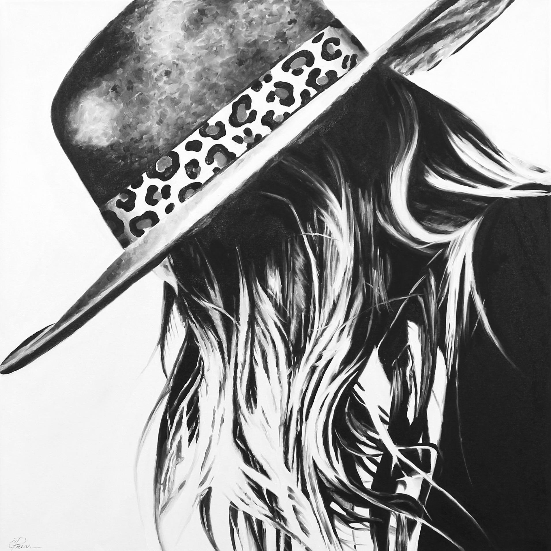 Cindy Press Figurative Painting - "My Wildest Dreams" oil painting of a woman wearing a fedora lookin down
