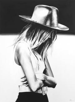 "No Easy Way Out" oil painting of a woman with crossed arms wearing a fedora