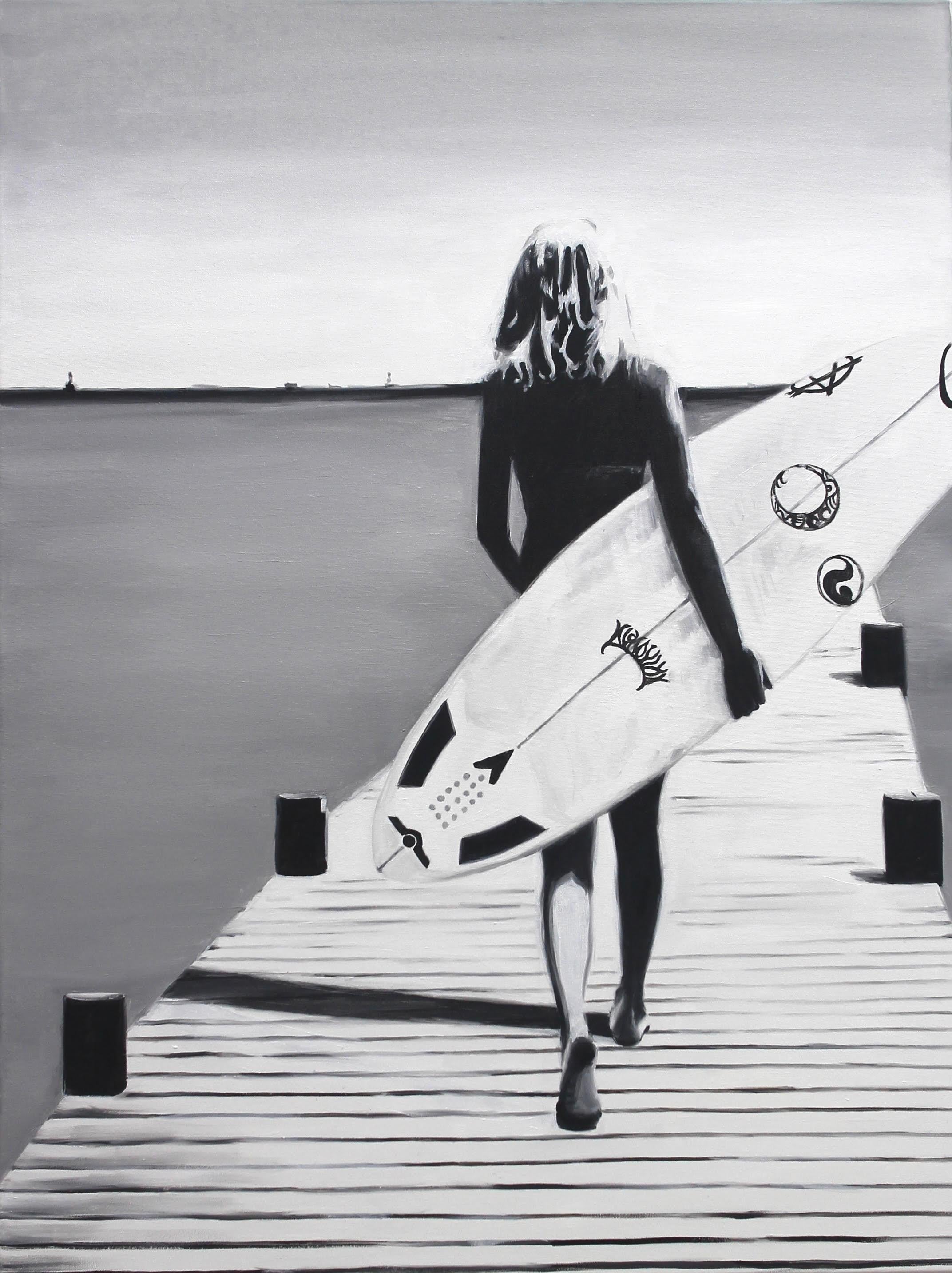 Cindy Press Figurative Painting - "On the Surface" black and white oil painting of a woman holding a surfboard