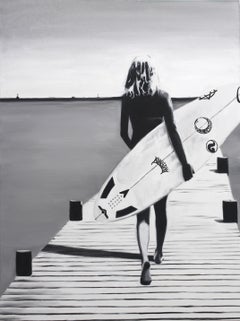 "On the Surface" black and white oil painting of a woman holding a surfboard