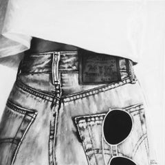 „Pocket Change“ Ölgemälde von Sonnenbrillen in der Rücktasche einer Frau in Jeans
