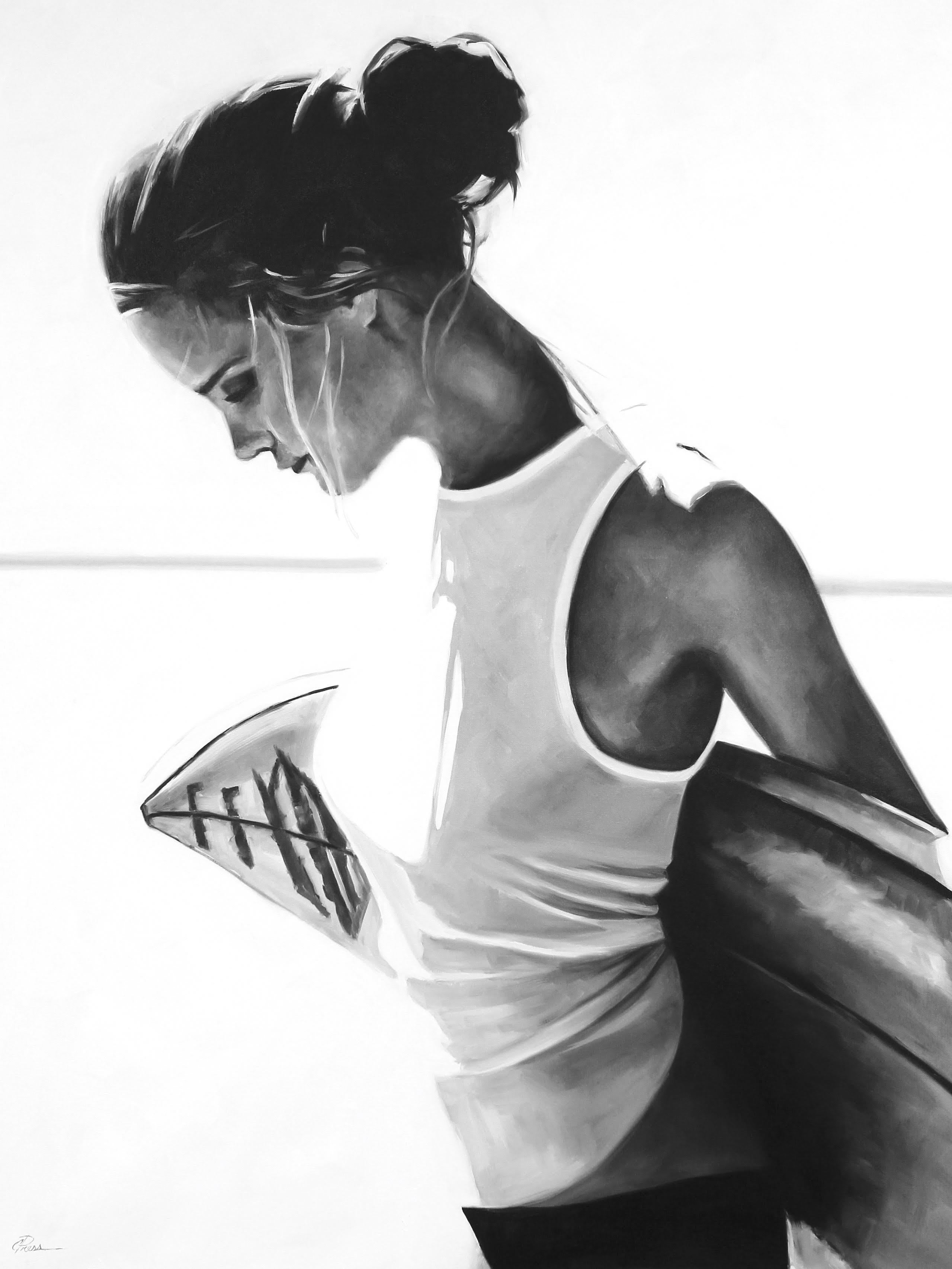 Cindy Press Figurative Painting – "Pull Me Back" black and white oil painting of woman carrying surfboard behind