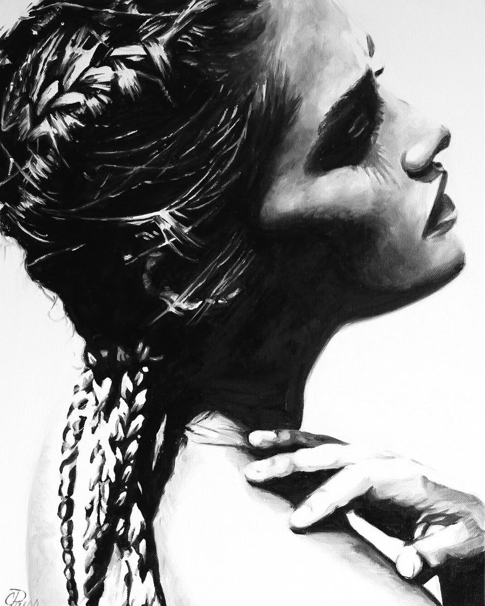 Cindy Press Figurative Painting - "Remove All Doubt" black and white oil painting of woman with braids, side view