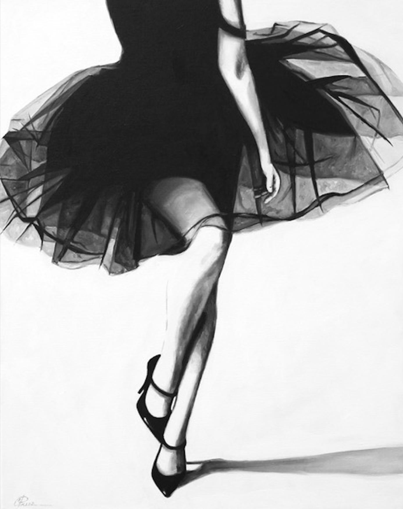 Cindy Press Figurative Painting - "RSVP" Figurative black and white oil painting of a woman's legs with heels
