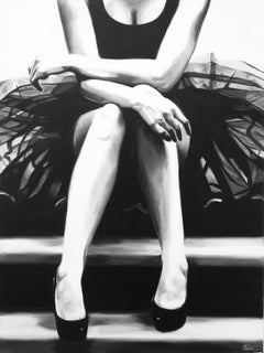 "Sit This One Out" black and white oil painting of a sitting woman in a skirt