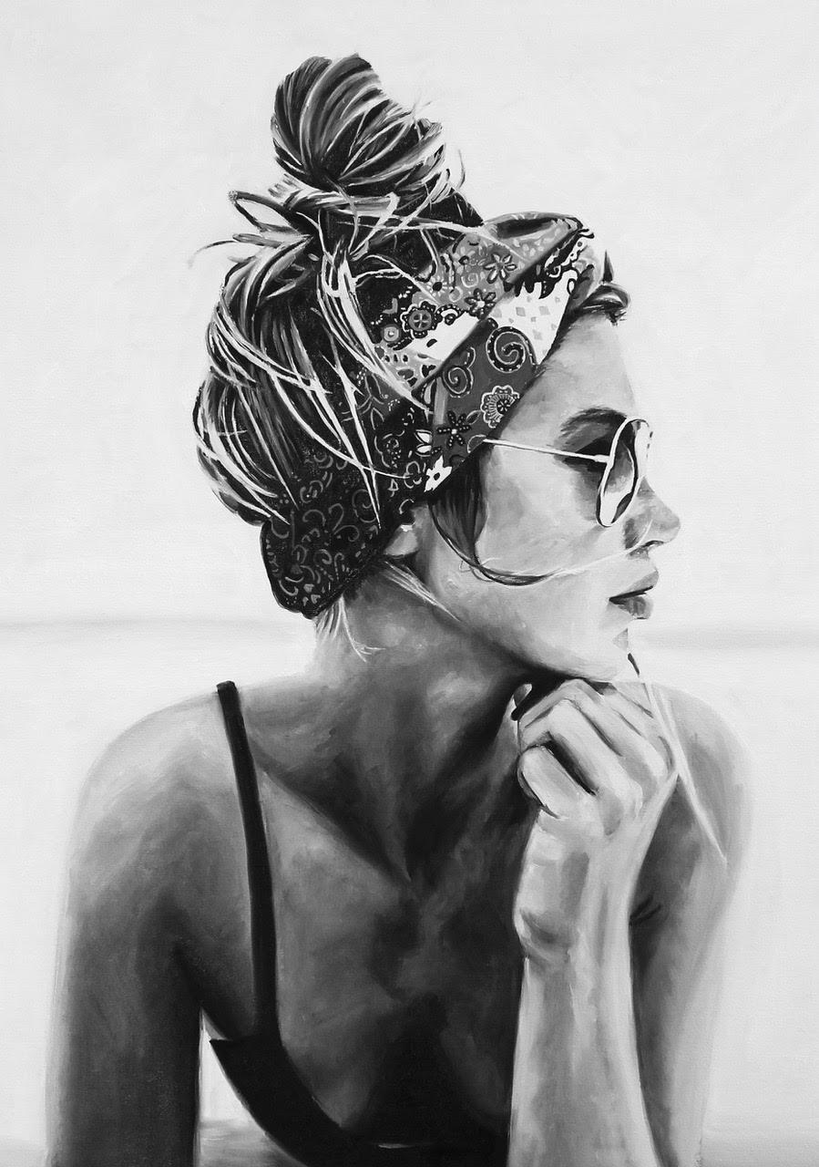 Cindy Press Figurative Painting - "Somewhere Out There" black and white oil painting of a woman wearing sunglasses