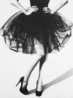 "What Party" black and white oil painting of a woman in a black dress and heels