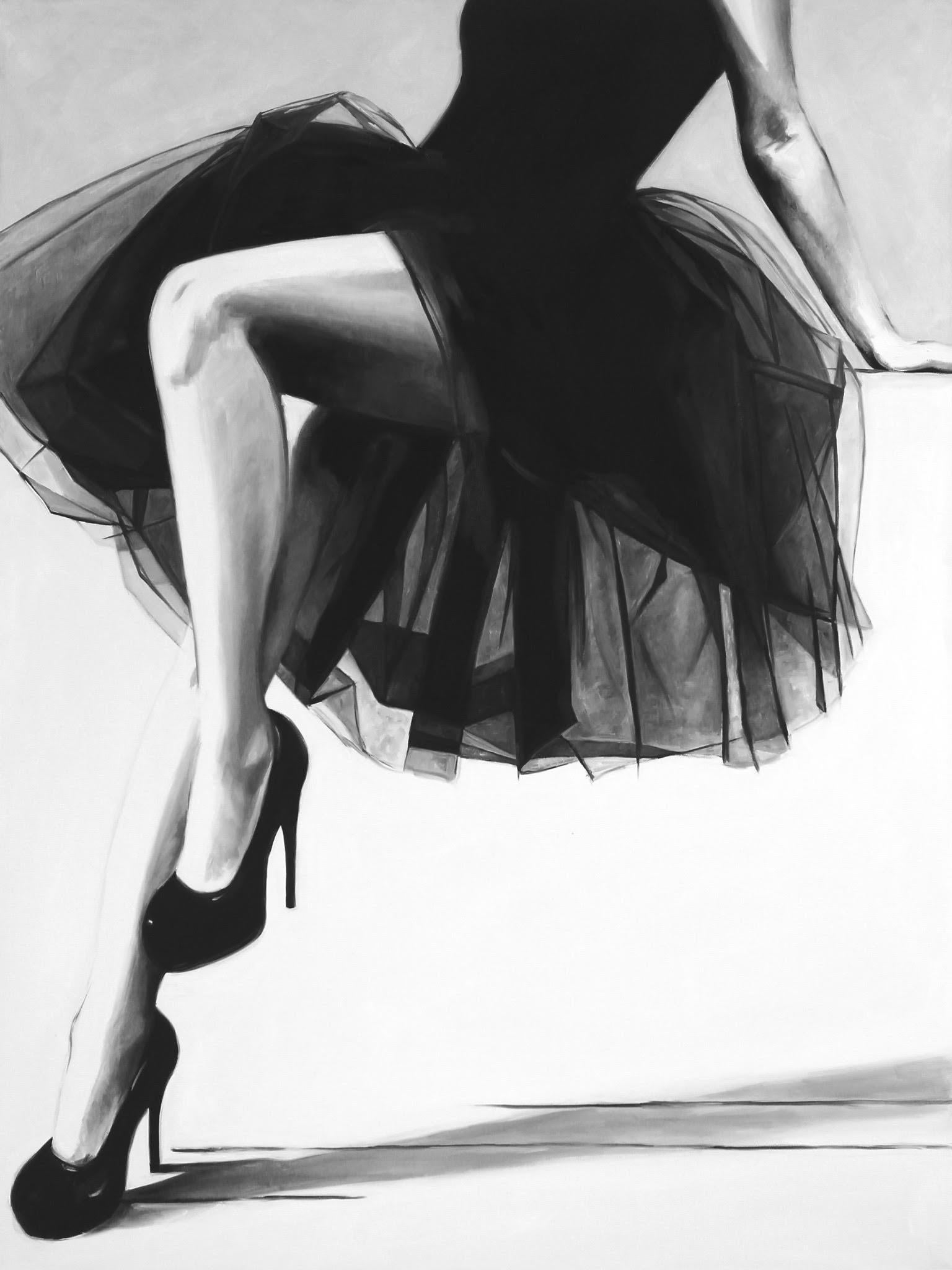 Cindy Press Figurative Painting - "Yes Please (Black)" black & white oil painting of a woman in a dress and heels 