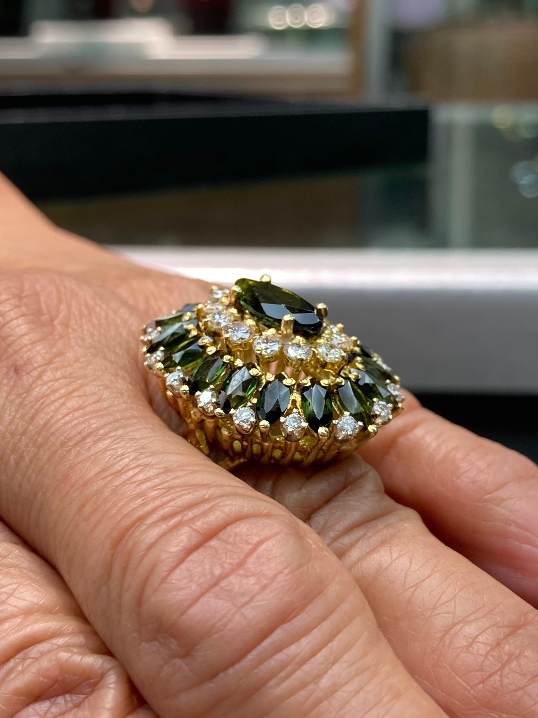 Mixed Cut Cindy Royce Green Tourmaline Diamond Yellow Gold Cocktail Ring For Sale