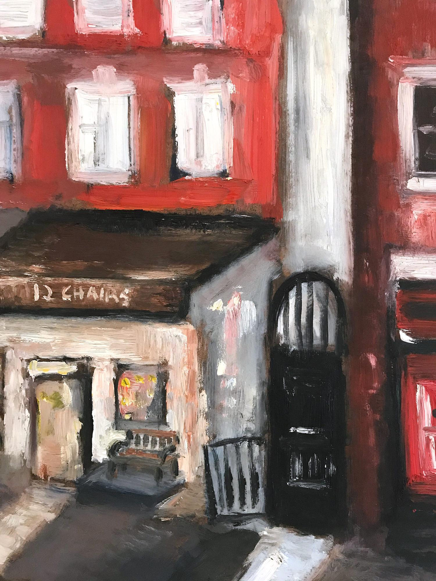 « 12 Chairs », peinture à l'huile impressionniste d'une scène de rue dans le West Village, Manhattan en vente 7