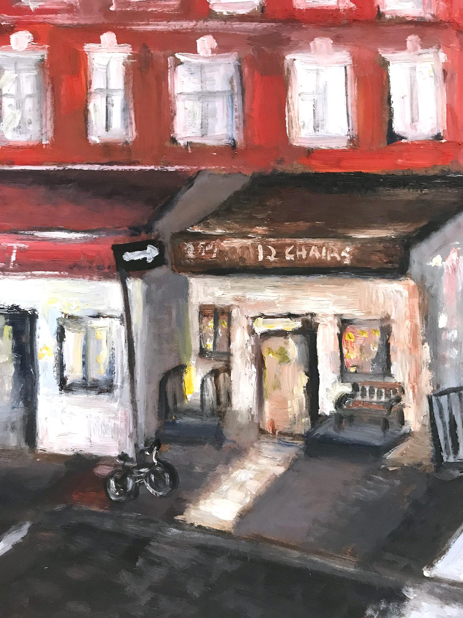 « 12 Chairs », peinture à l'huile impressionniste d'une scène de rue dans le West Village, Manhattan en vente 8