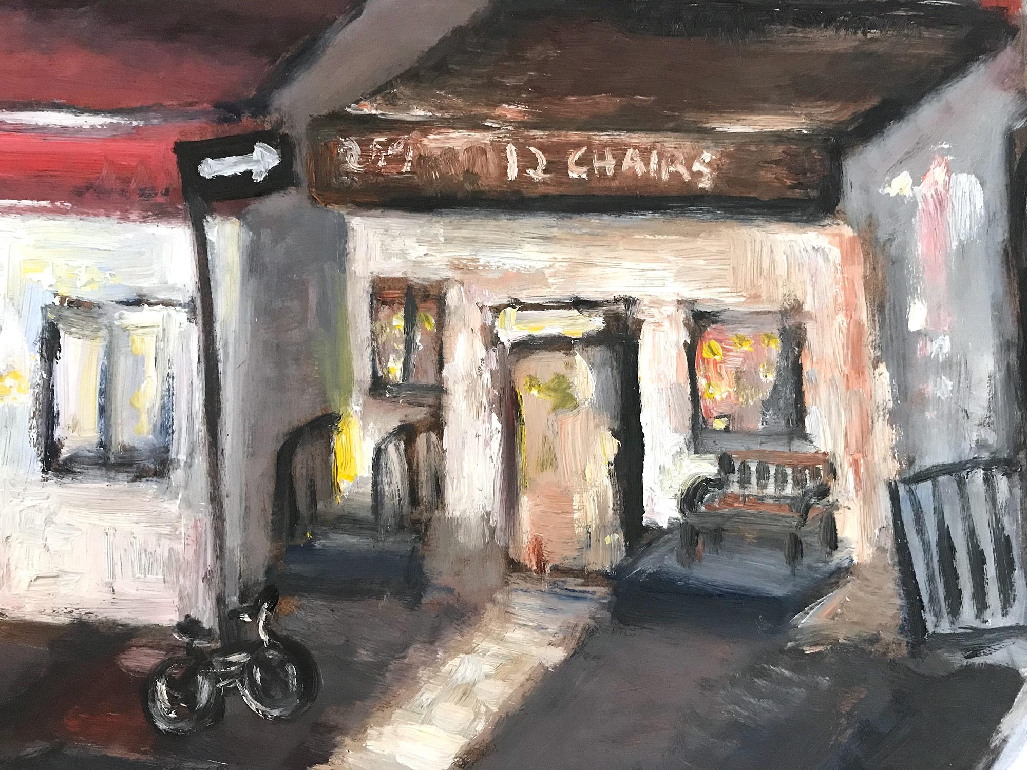 « 12 Chairs », peinture à l'huile impressionniste d'une scène de rue dans le West Village, Manhattan - Marron Landscape Painting par Cindy Shaoul