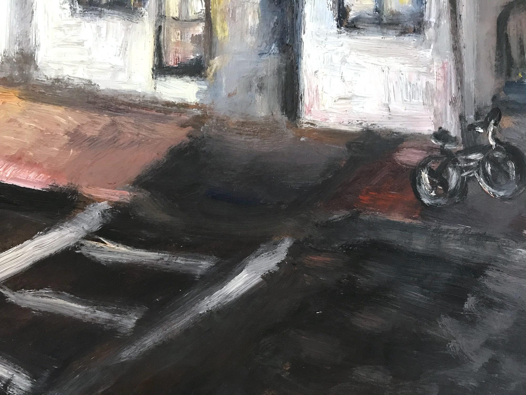 « 12 Chairs », peinture à l'huile impressionniste d'une scène de rue dans le West Village, Manhattan en vente 3