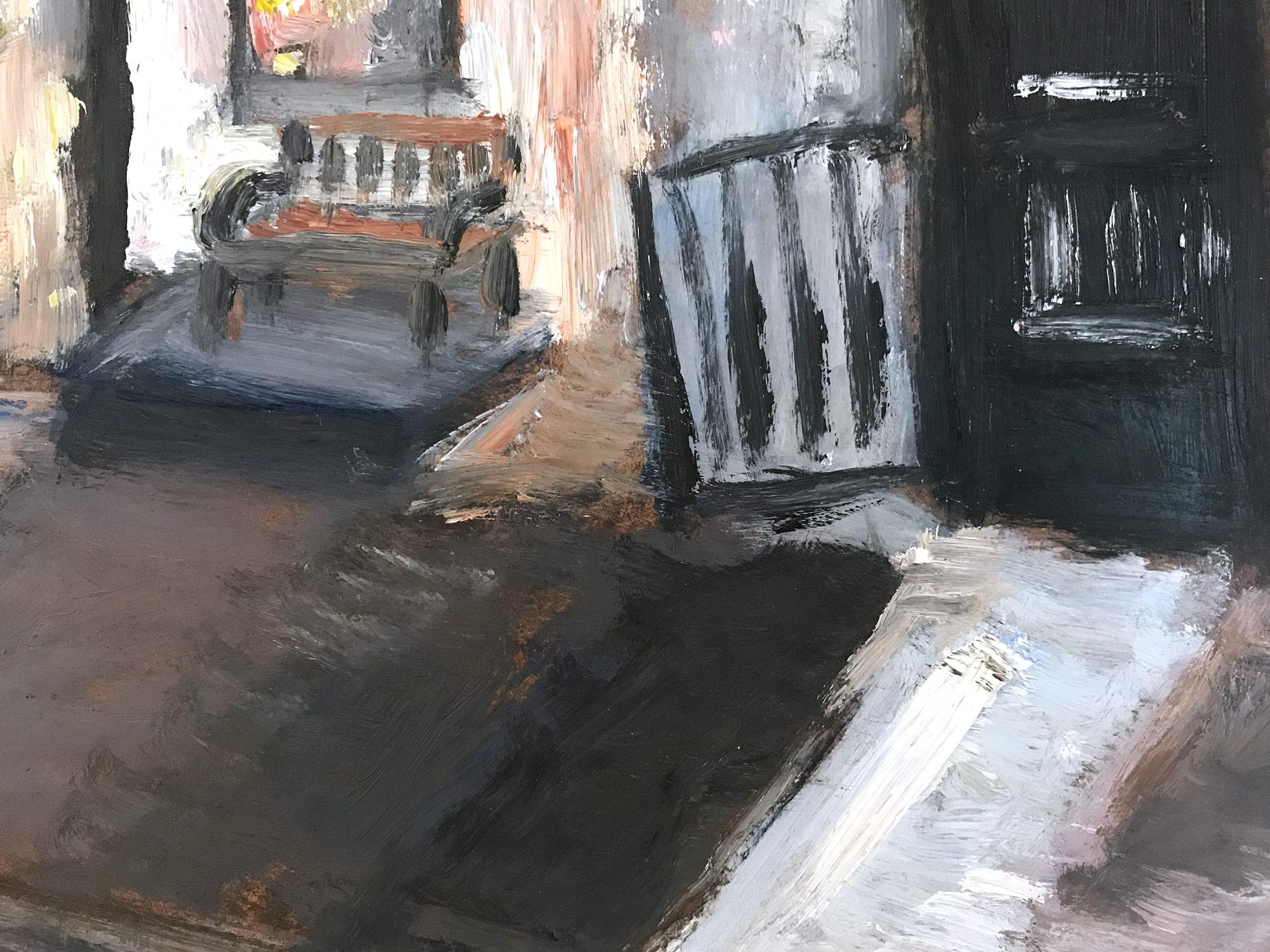 « 12 Chairs », peinture à l'huile impressionniste d'une scène de rue dans le West Village, Manhattan en vente 5