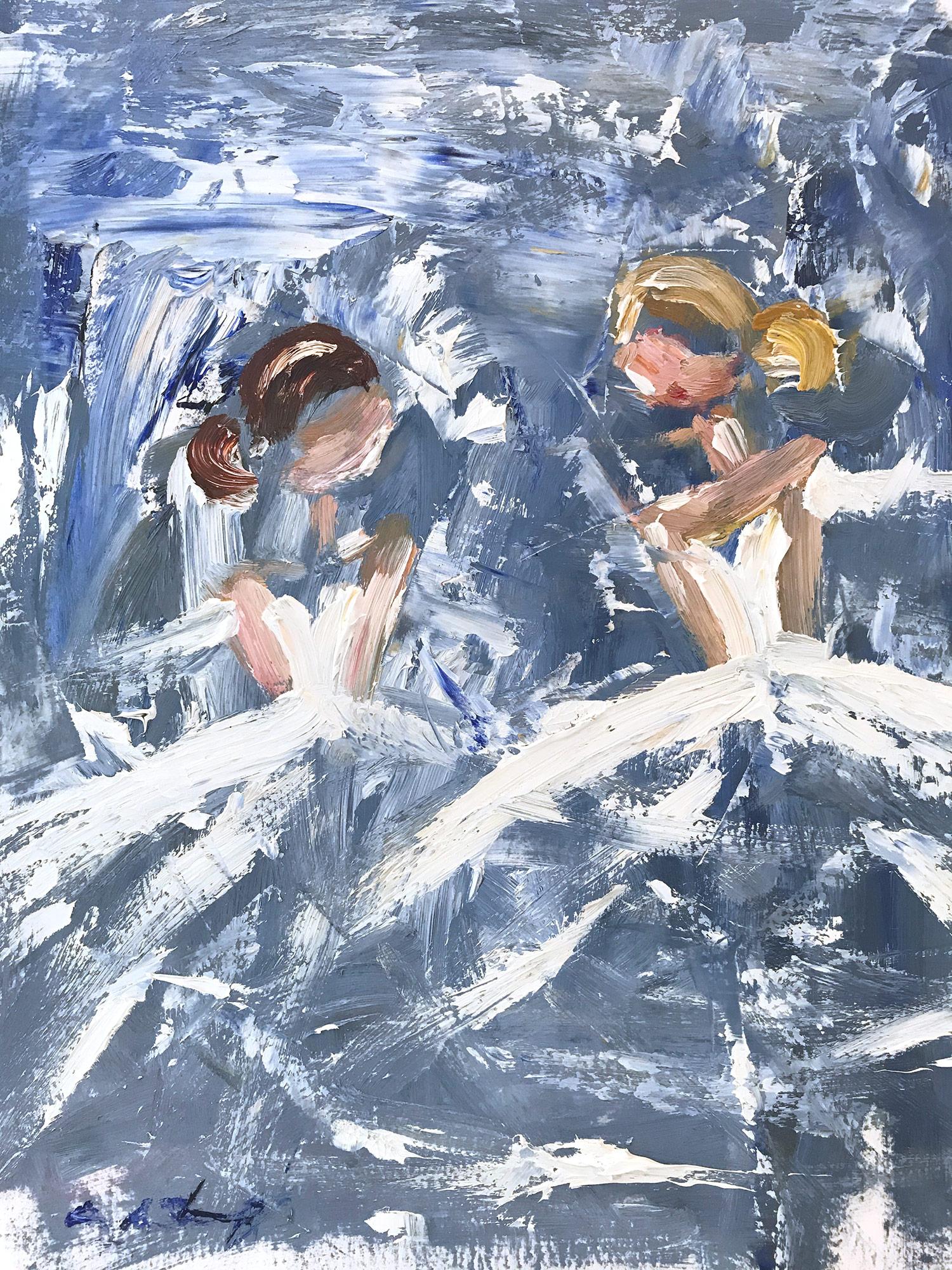 Cindy Shaoul Figurative Painting – ""2 Ballerinas" Figur mit Kleid Französisch Haute Couture Ölgemälde auf Papier