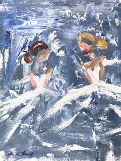 "2 Ballerinas" Figure with Gown French Haute Couture Oil Painting on Paper