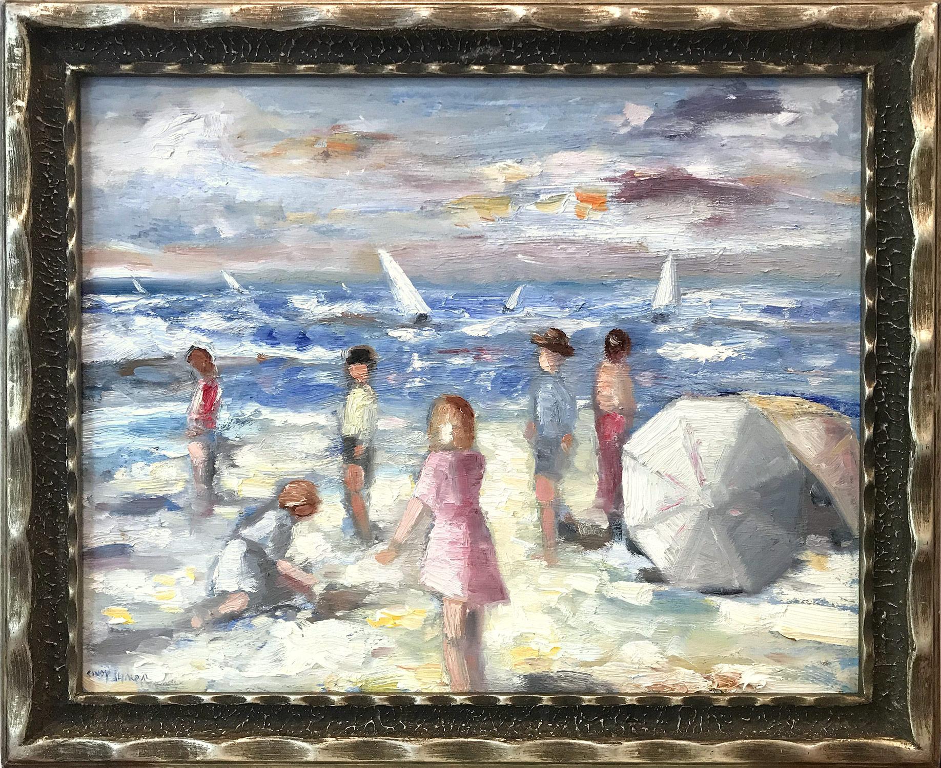 Cindy Shaoul Landscape Painting - "A Day at the Beach" Colorful Impressionistic Beach Scene Oil Painting on Panel