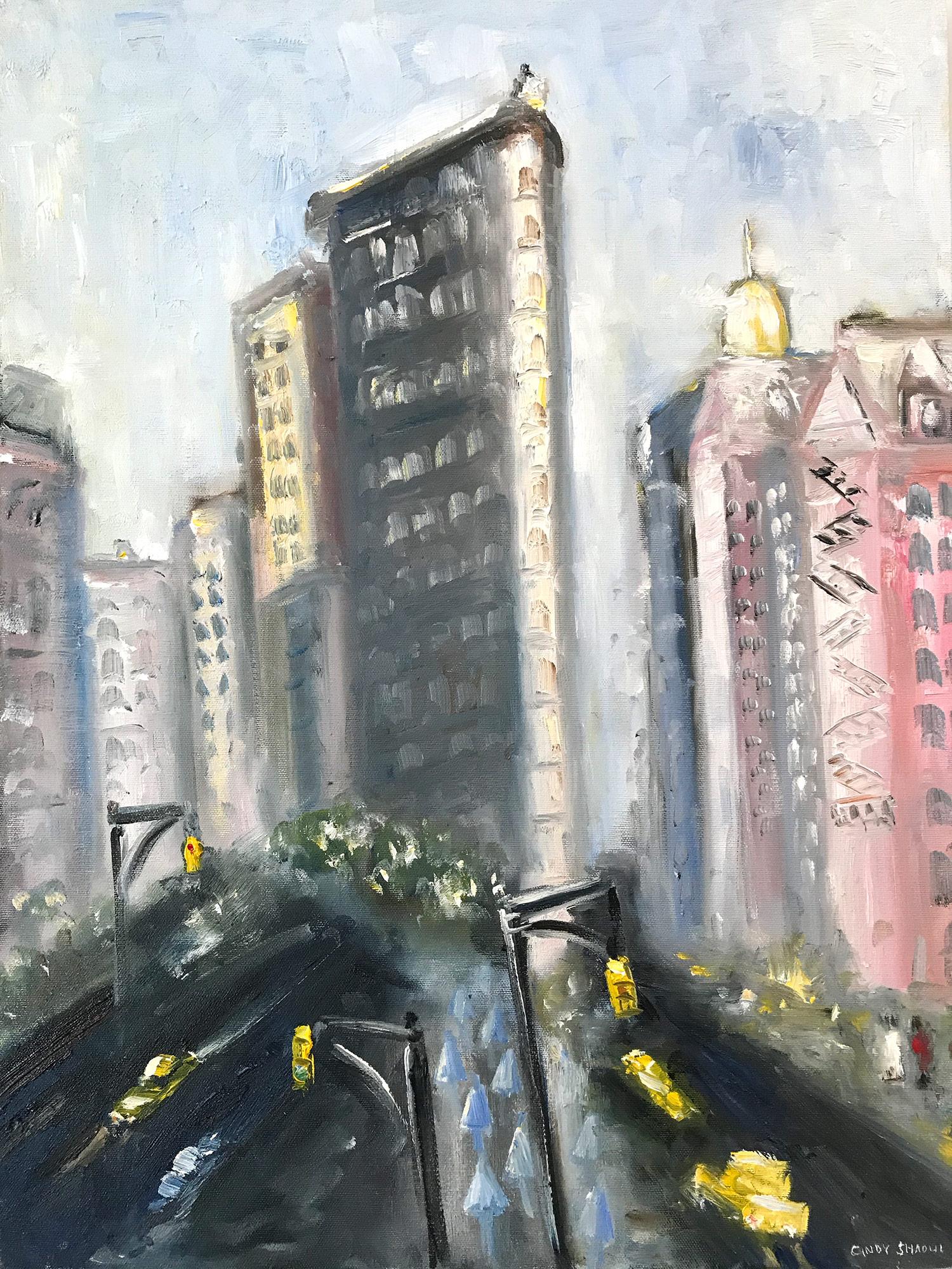 Cindy Shaoul Landscape Painting - "A Day by the Flatiron" Impressionist Oil Painting of New York City Flatiron 