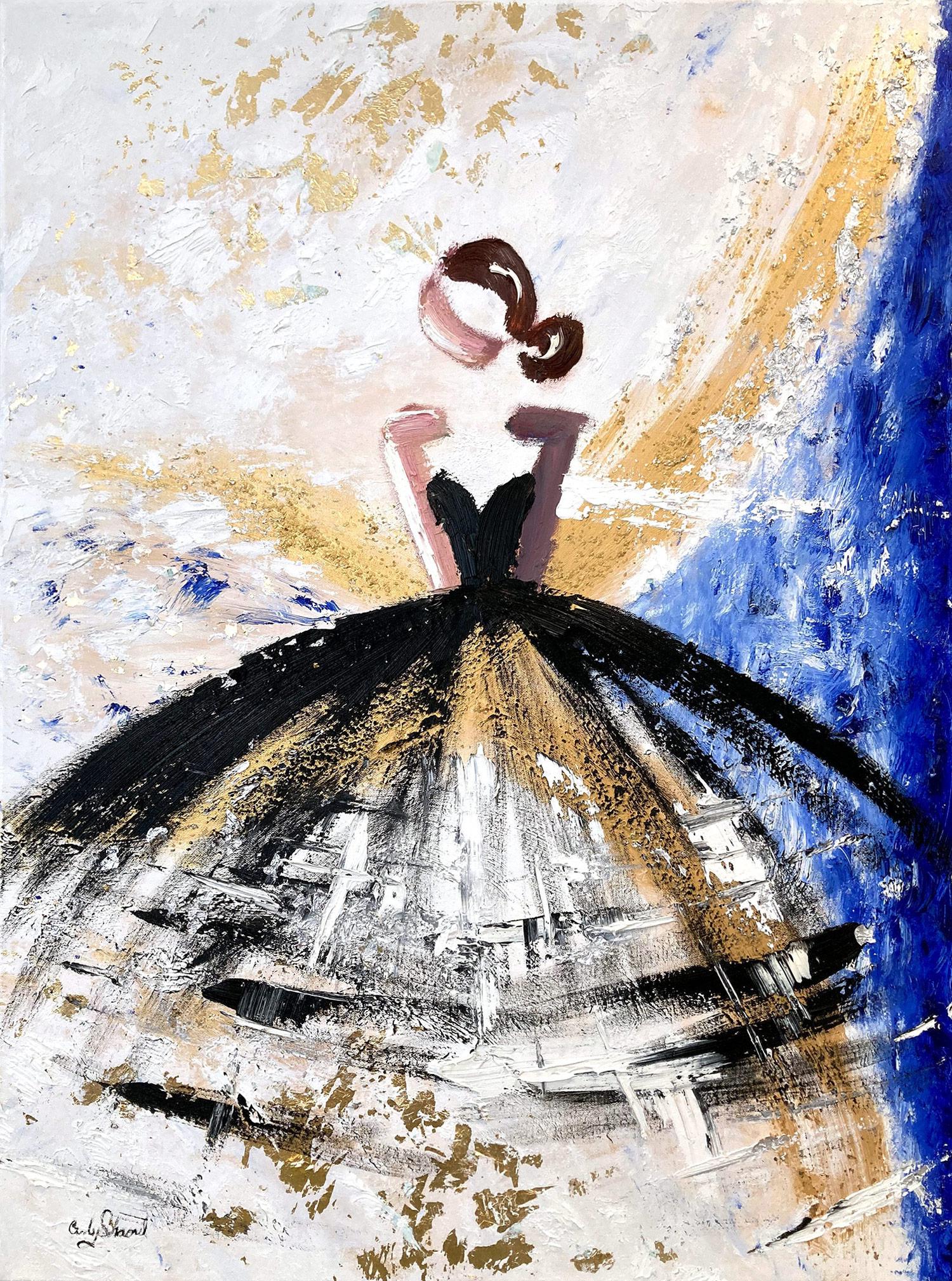 Figurative Painting Cindy Shaoul - "Une journée à Cannes" Peinture sur toile en or, bleu et blanc de la Haute Couture française