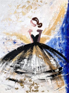 "A Day in Cannes" Gold Blue and White French Haute Couture Painting on Canvas