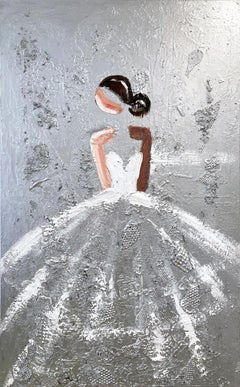 "A Day in Paris" Silver and White French Haute Couture Painting on Canvas