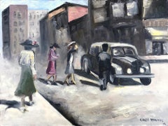 "Rodeo Drive 1920" Peinture à l'huile sur toile - Scène de rue impressionniste