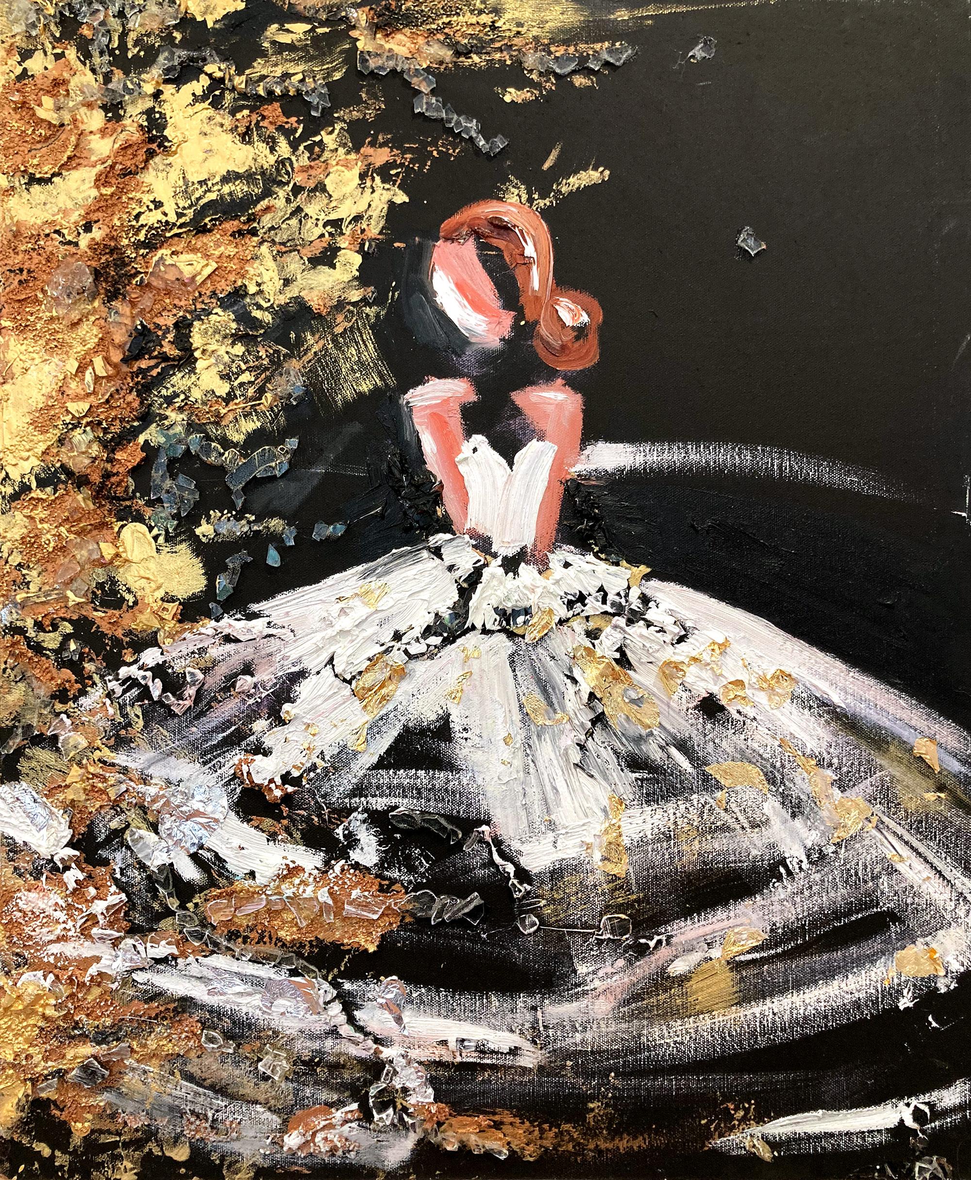 Figurative Painting Cindy Shaoul - "Une nuit à Paris" Peinture Haute Couture française noire et or sur toile