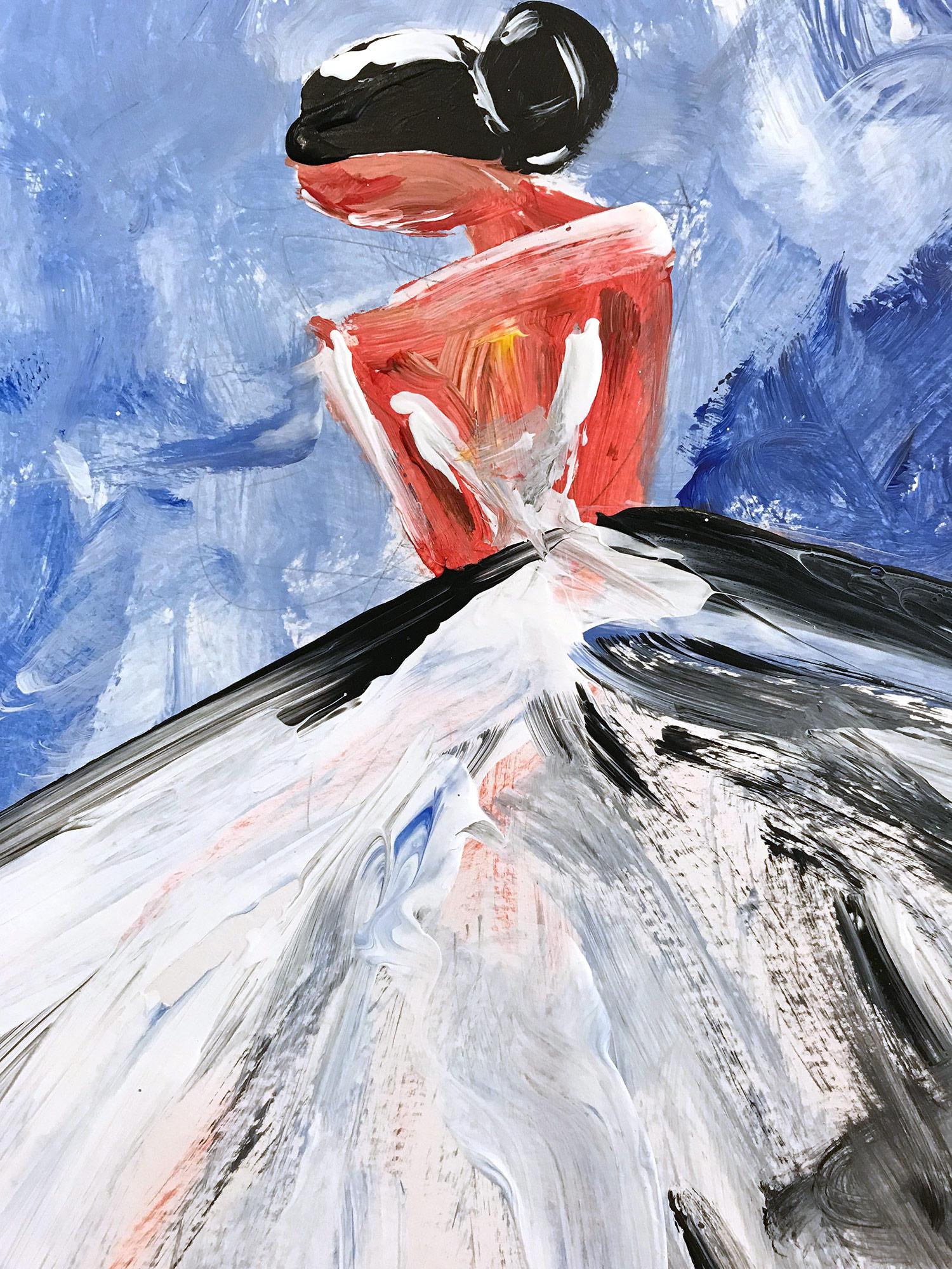 An abstract, whimsical and bold depiction of a woman standing gracefully in a white gown against a blue and white background with delicate details. This piece captures the essence of fashion in Pairs. Done in a very modern and impressionistic style,