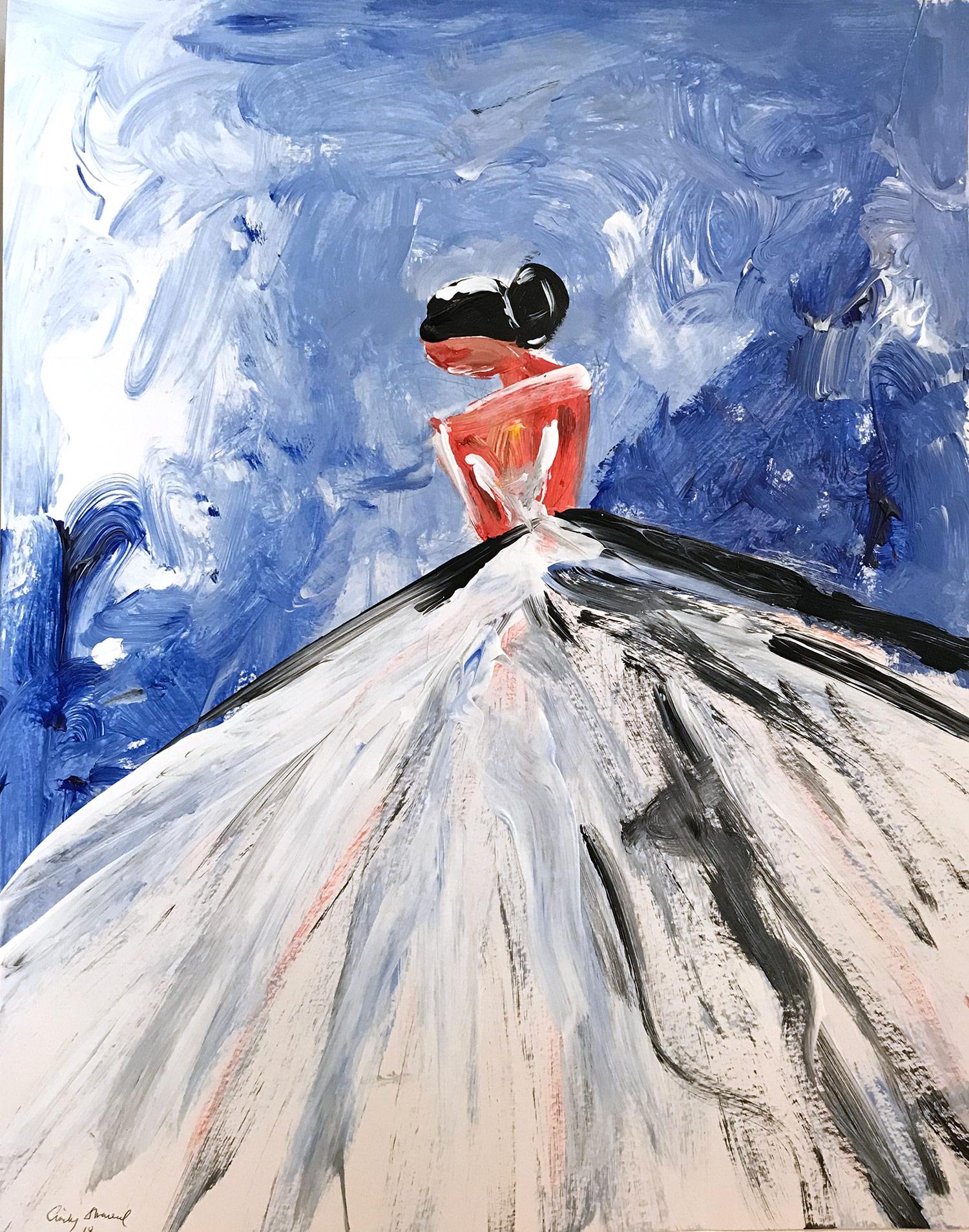 Cindy Shaoul Abstract Painting - "Abigail" Abstract Haute Couture Figure in Chanel Oil Painting on Paper