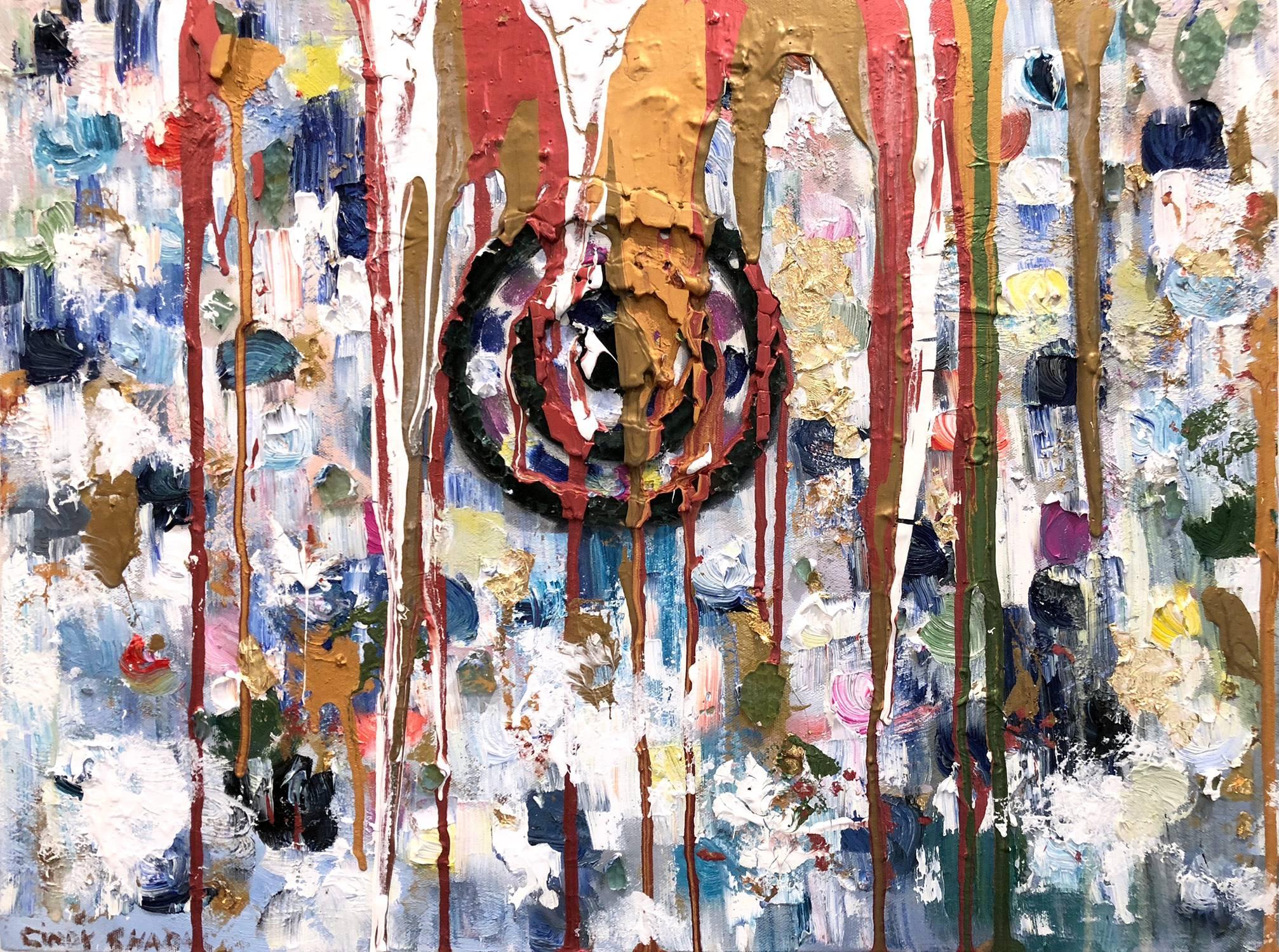 Abstract Painting Cindy Shaoul - "Aiming For Your Heart" Peinture à l'huile contemporaine colorée et mixed media sur toile
