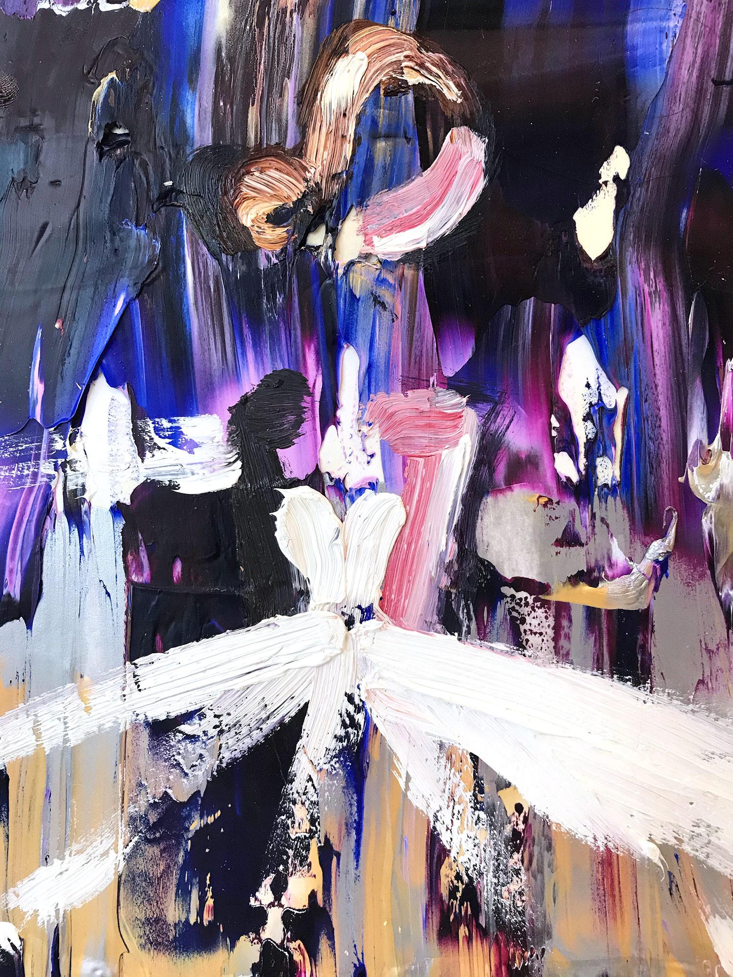 Alexis - Figure abstraite avec robe - Peinture à l'huile de haute couture française sur papier - Painting de Cindy Shaoul
