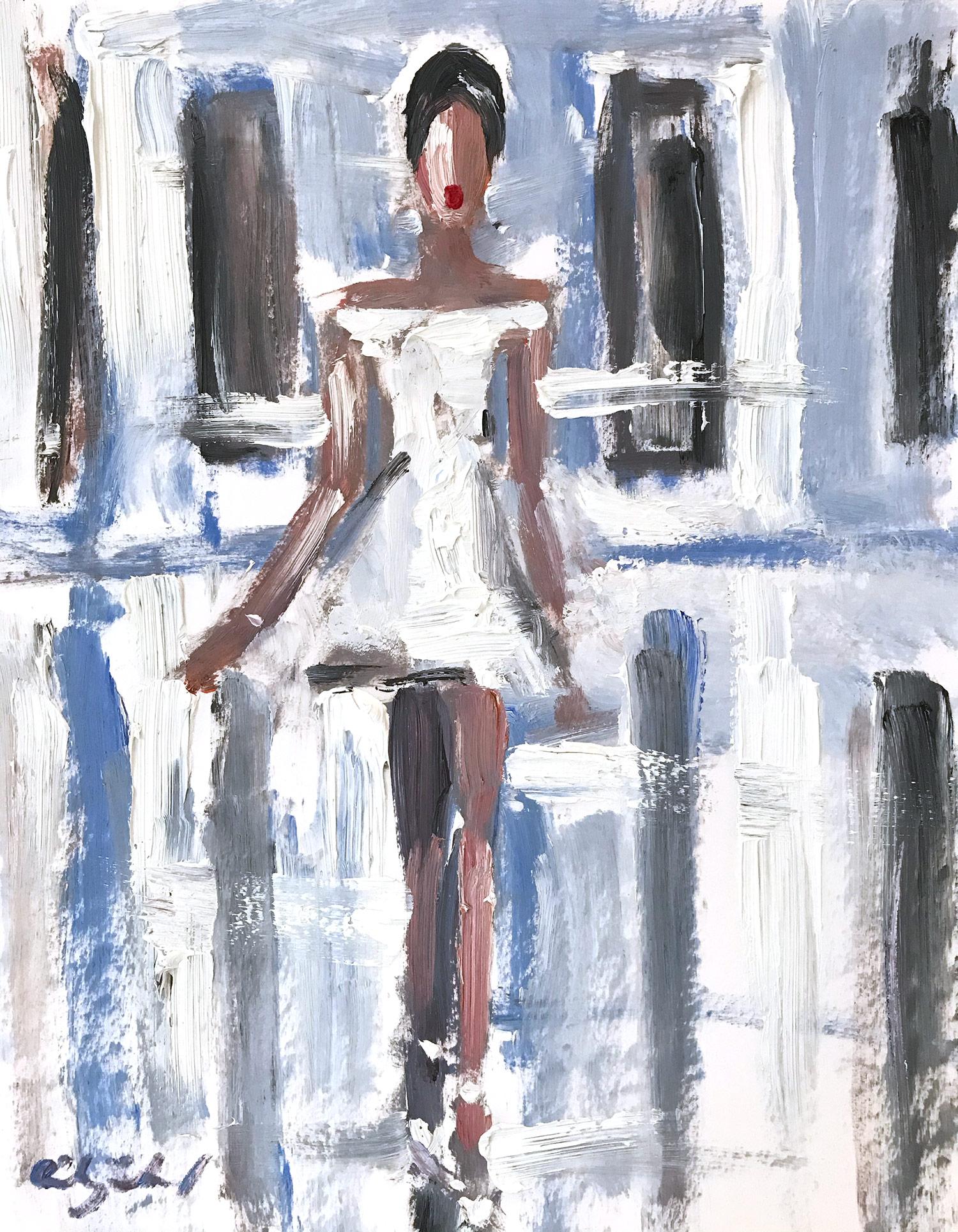 Cindy Shaoul Abstract Painting - "Ali" Interior Scene of Figure wearing Chanel Oil Painting on Paper