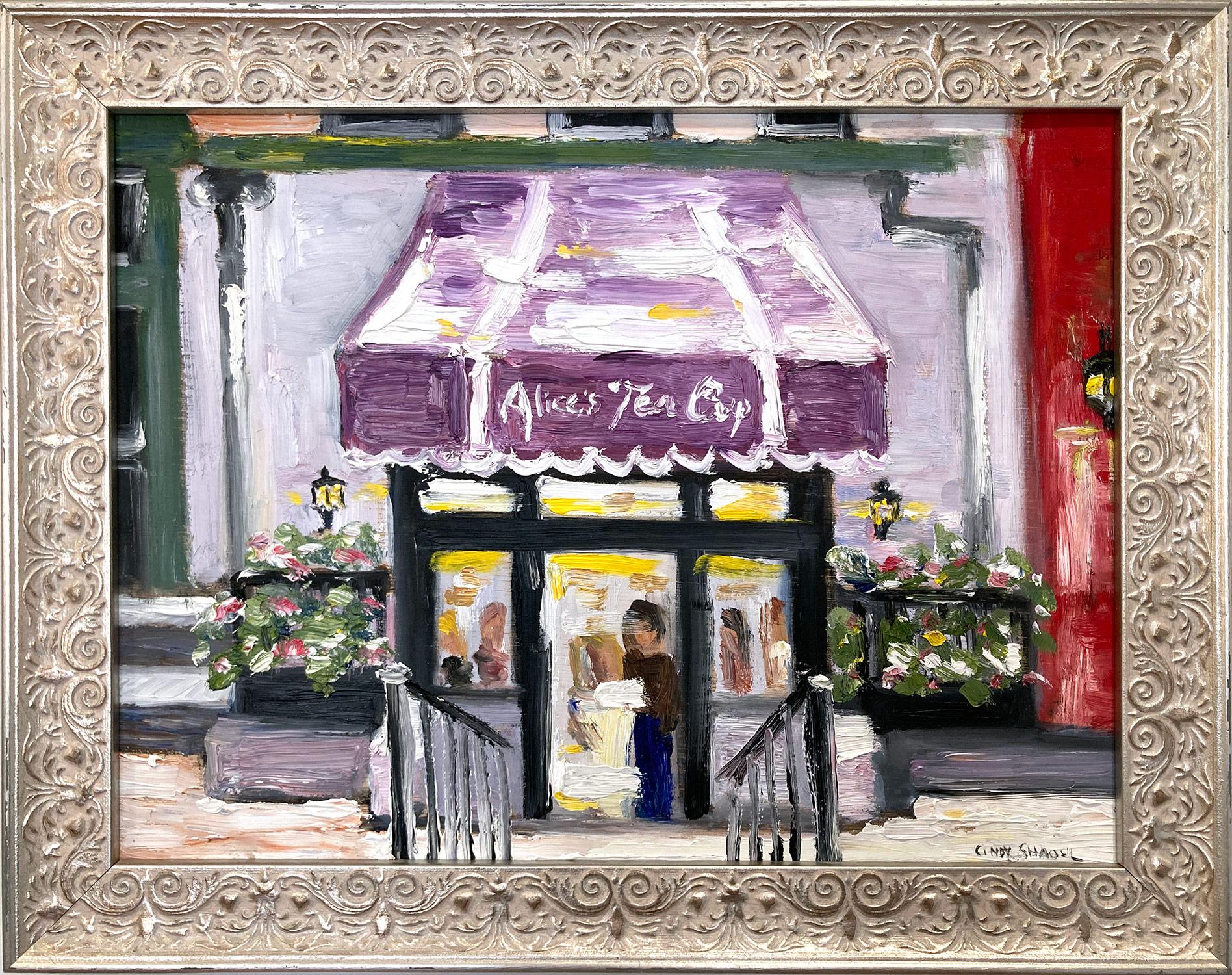 Cindy Shaoul Figurative Painting - "Alices Tea Cup" Colorful Impressionistic Plein Air Oil Painting New York City 