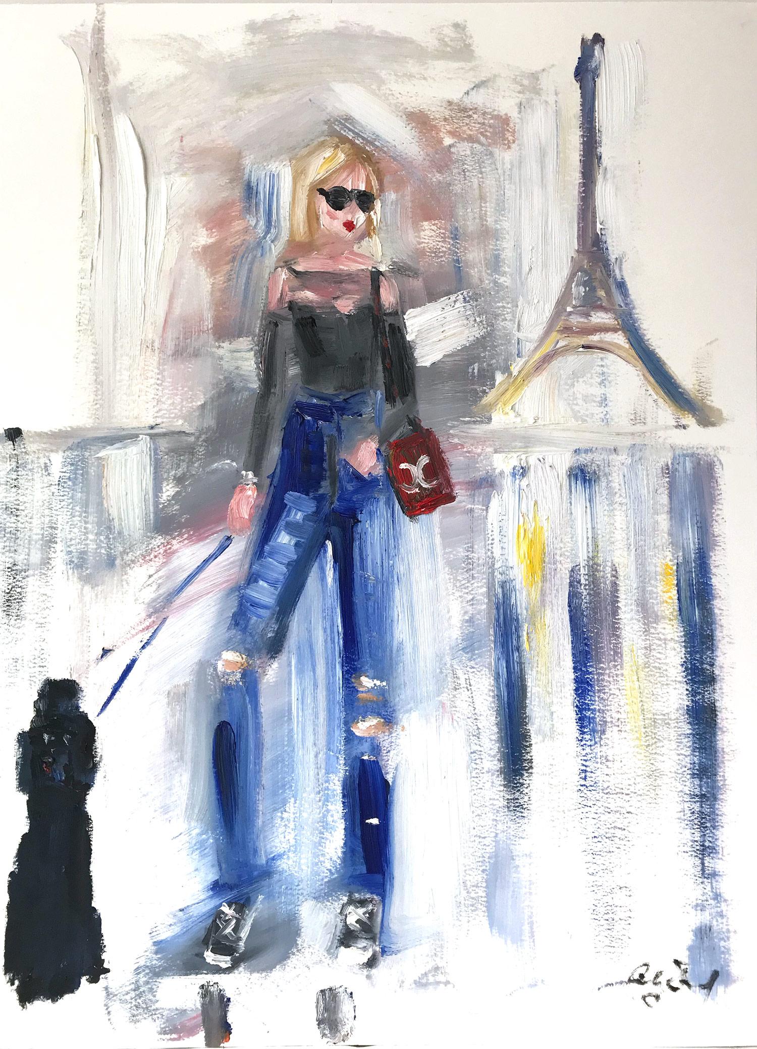 Cindy Shaoul Figurative Painting - "Allie in Paris" Haute Couture Oil Painting on Paper in Chanel with Poodle Dog