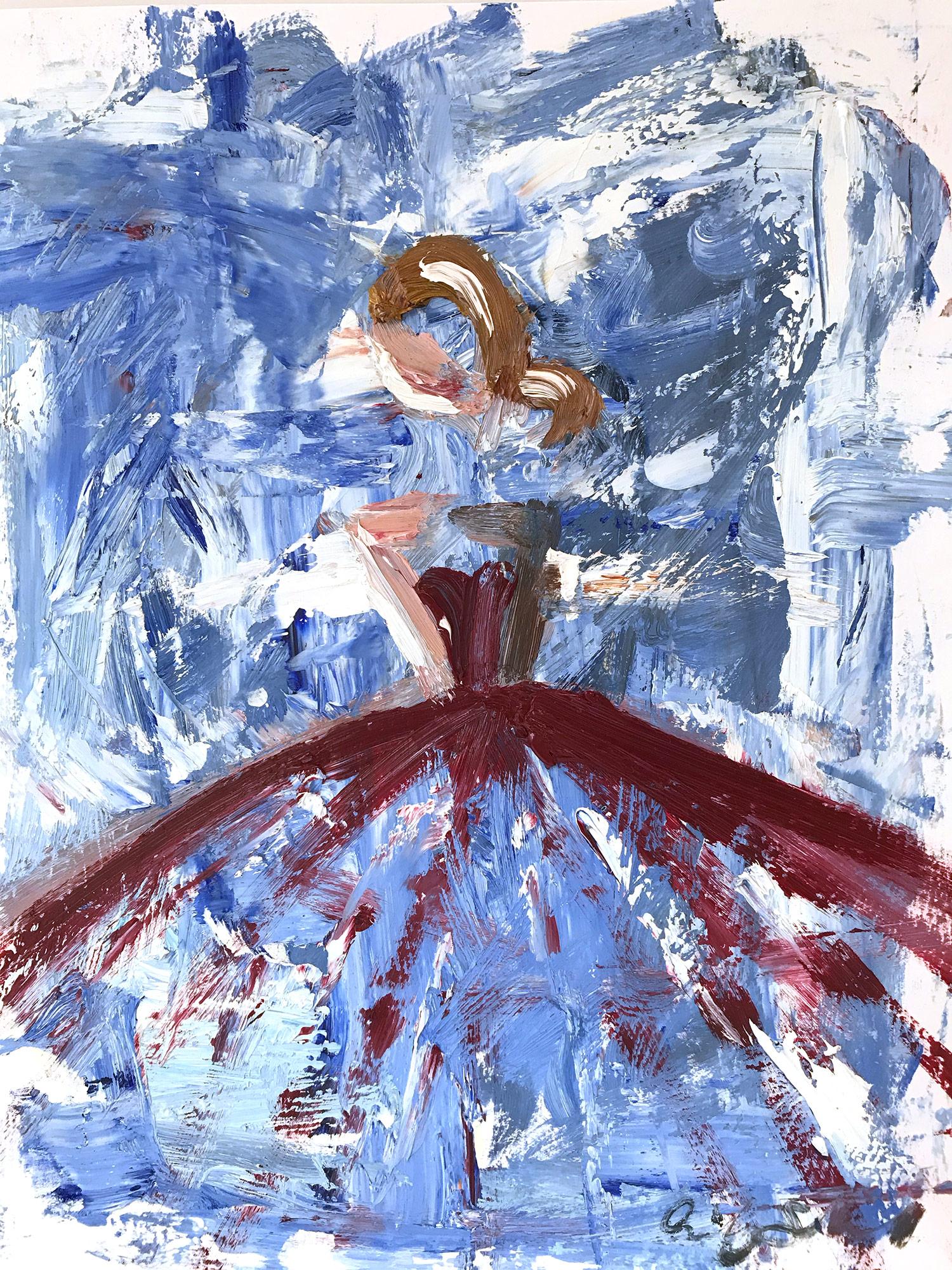 Figurative Painting Cindy Shaoul - Peinture à l'huile sur papier - Figure « Amelie » avec robe de haute couture française