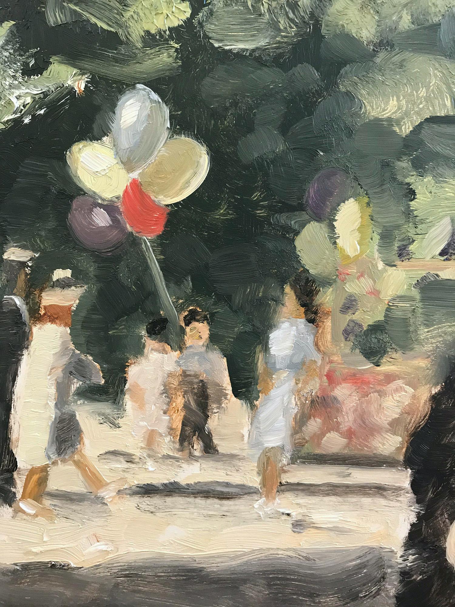 This painting depicts an impressionistic scene at the park Jardin De la Nouvelle near Gabriel and Marigny, at Champs-Élysées, Paris, France on a spring day, with beautiful brushwork and whimsical colors. The energy of the park is captured with life