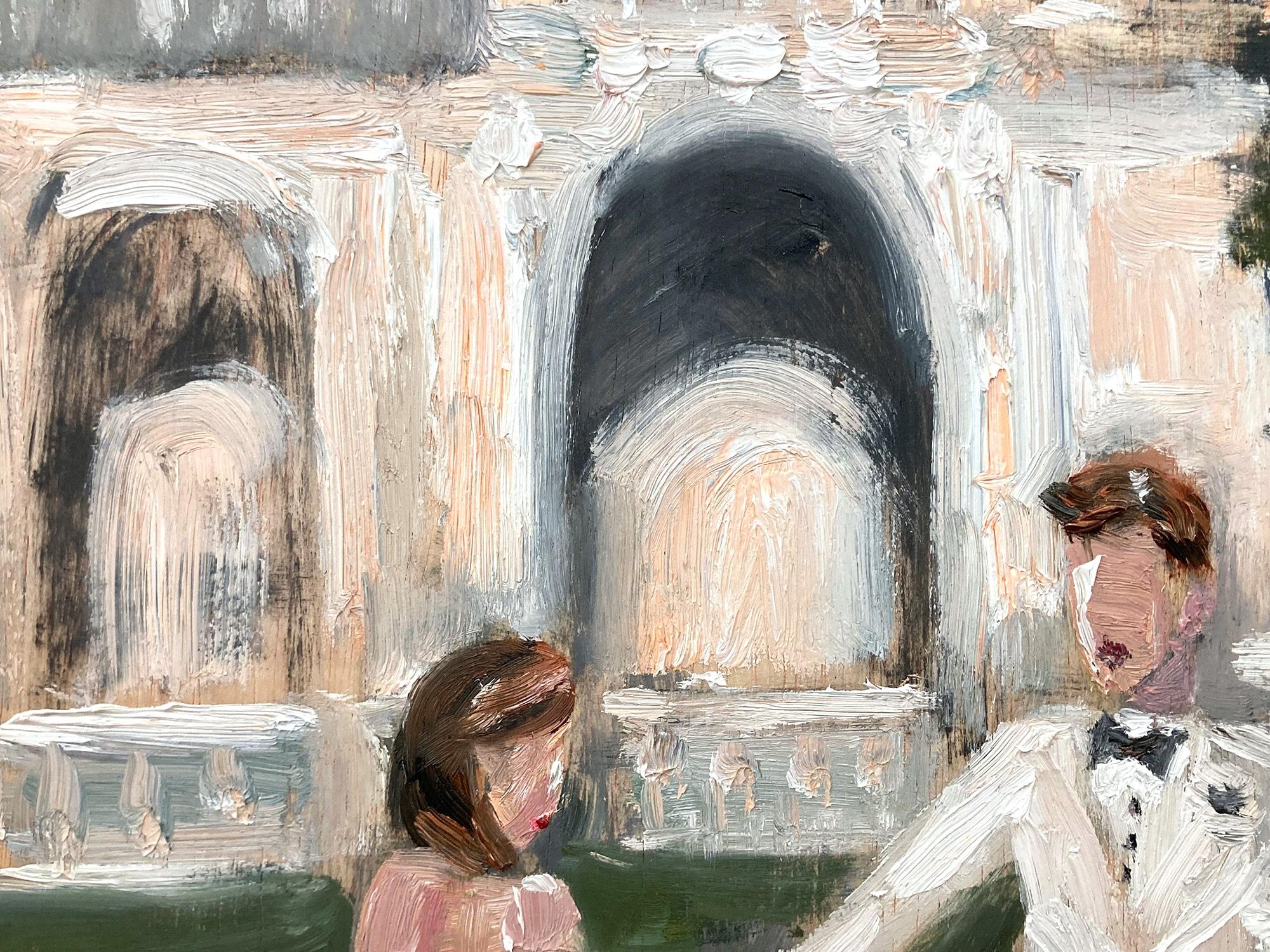Una vivace rappresentazione impressionistica di un giorno di anniversario cattura una vibrante e romantica rappresentazione di una coppia che balla con grazia in un elegante ambiente all'aperto, resa in un audace stile impressionistico. Olivia