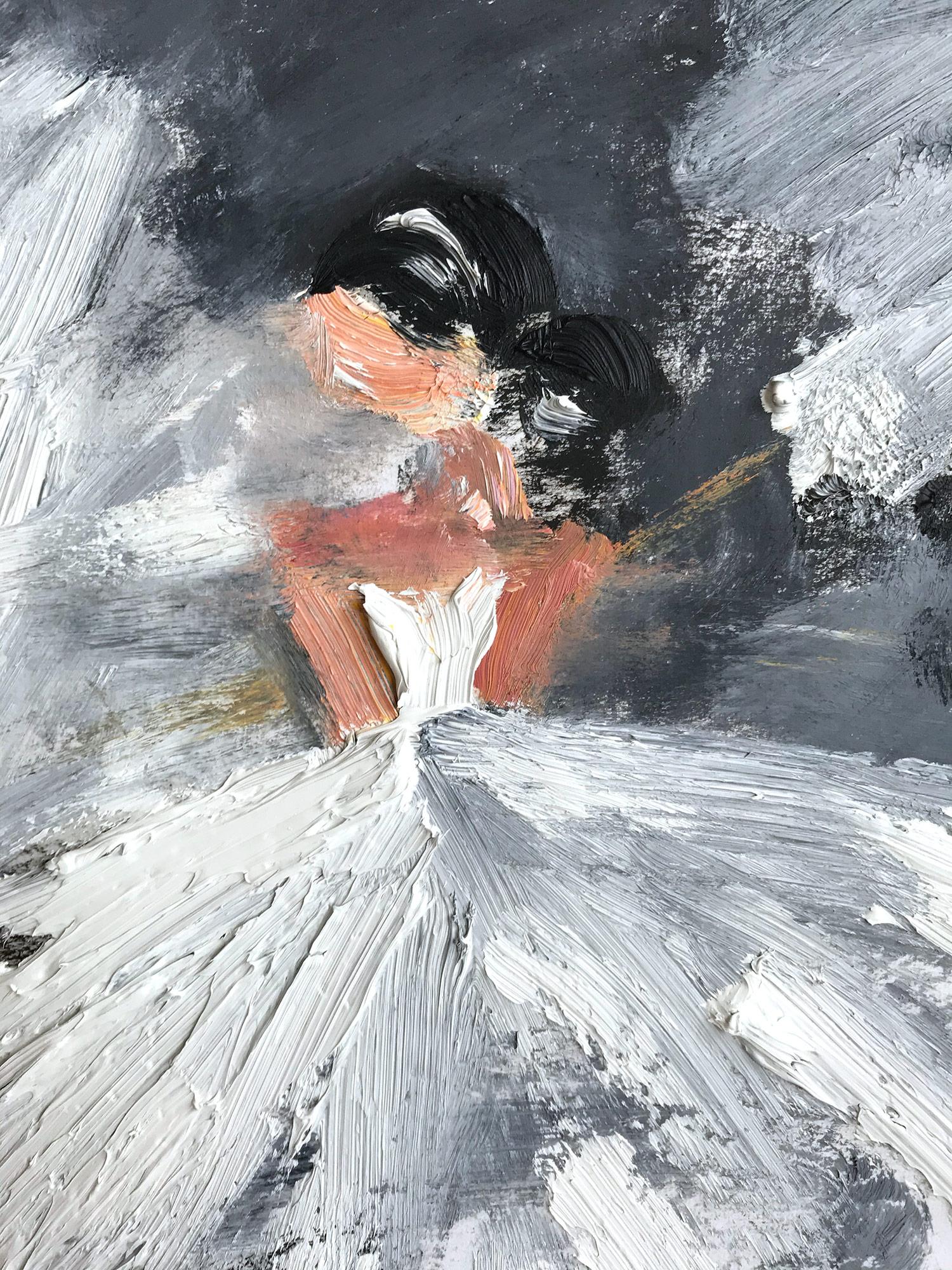 Peinture à l'huile sur papier - Figure abstraite avec robe de haute couture française - Painting de Cindy Shaoul