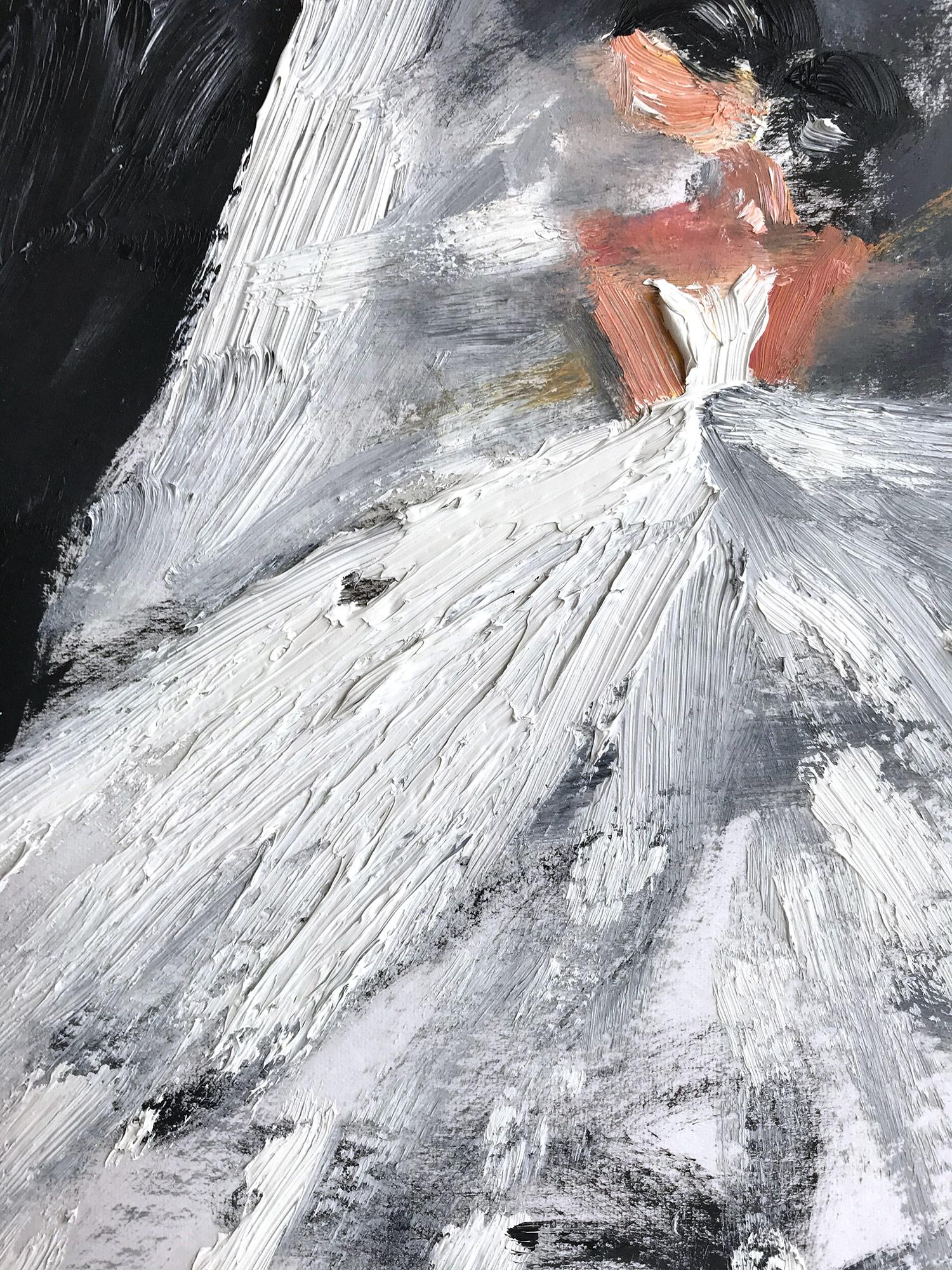 Peinture à l'huile sur papier - Figure abstraite avec robe de haute couture française - Abstrait Painting par Cindy Shaoul