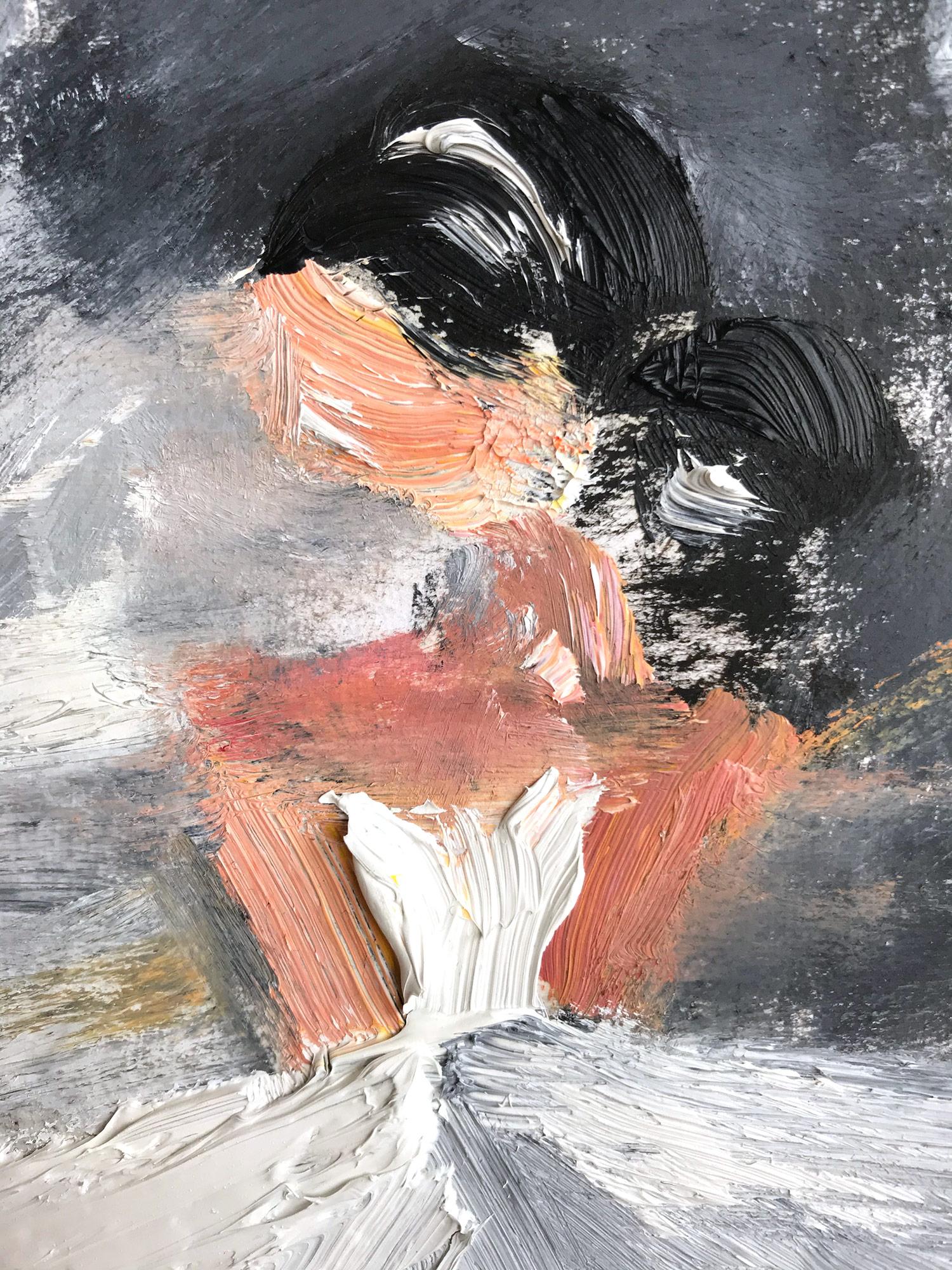 Peinture à l'huile sur papier - Figure abstraite avec robe de haute couture française en vente 2