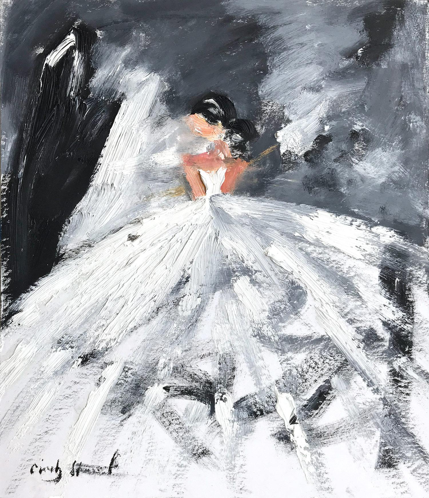 Peinture à l'huile sur papier - Figure abstraite avec robe de haute couture française